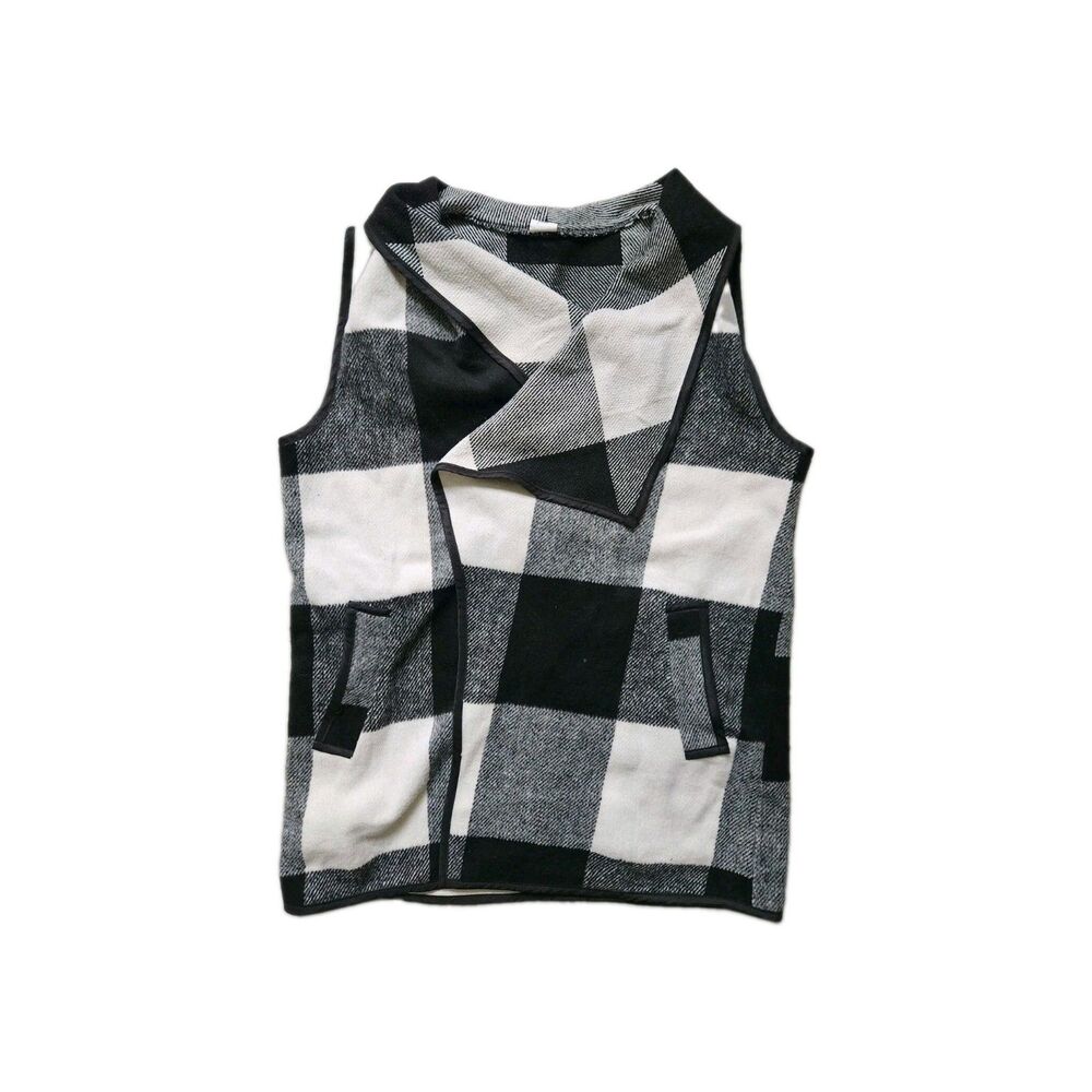 West Loop Wool Blend Black White Check Open Front Shawl Vest Sleeveless OS EUC